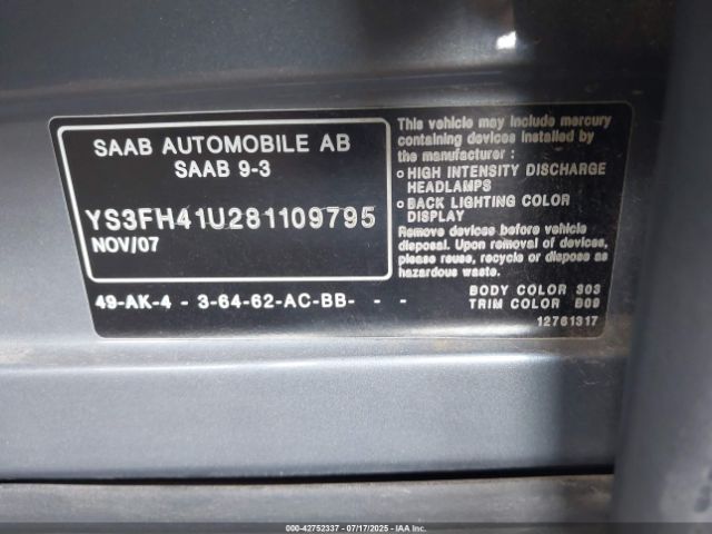 2008 SAAB 9-3 YS3FH41U281109795 Photo 8