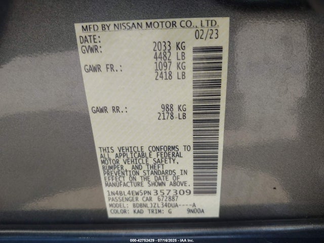 1N4BL4EW5PN357309 Nissan Altima