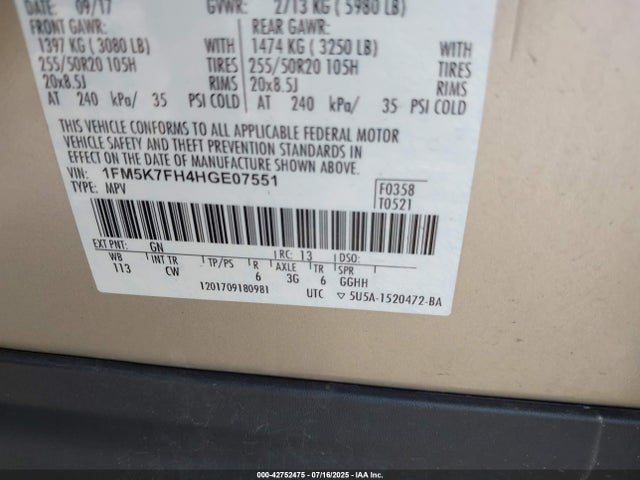 1FM5K7FH4HGE07551 Ford 2.3l gtdi