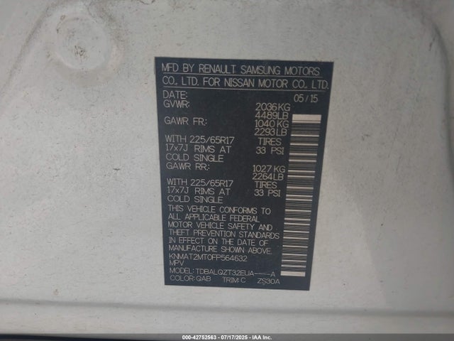 Nissan Rogue 2015 KNMAT2MT0FP564632 Image 9
