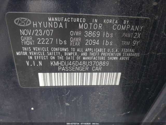 2008 HYUNDAI ELANTRA KMHDU46D48U370889 Photo 8