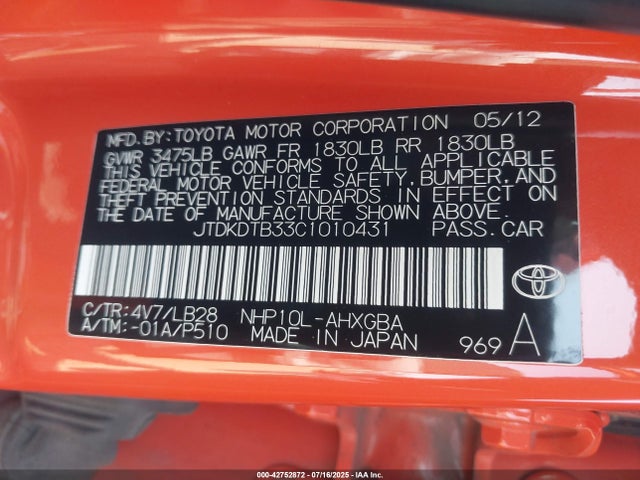 Aukcja sprzedaży 2012 Toyota Prius C Four, vin: JTDKDTB33C1010431, numer aukcji: 42752872