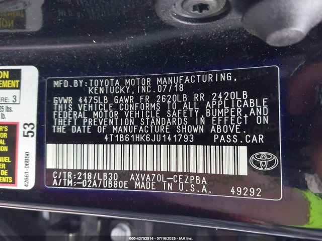 4T1B61HK6JU141793 Toyota a25a-fks