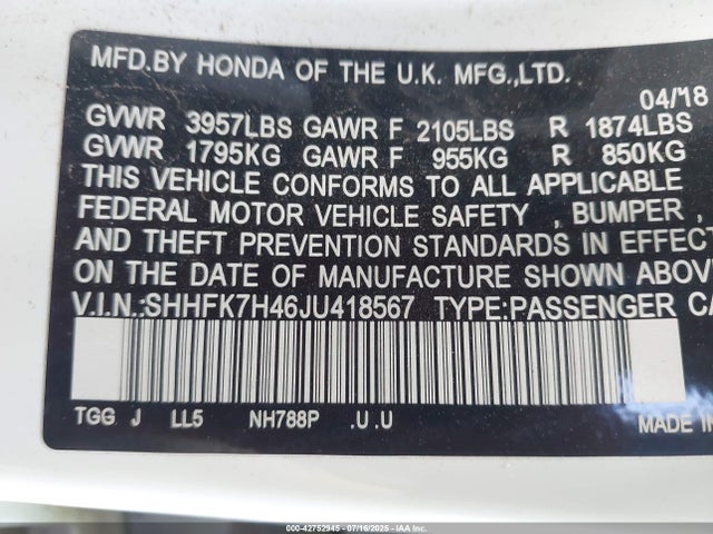 SHHFK7H46JU418567 Honda l15ba