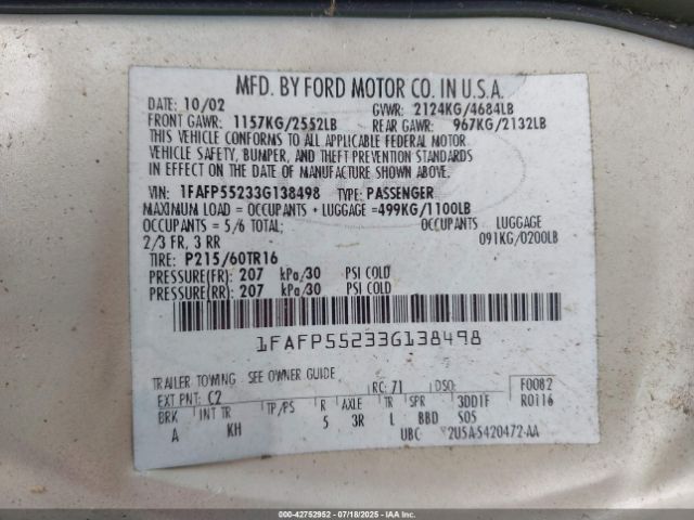2003 FORD TAURUS 1FAFP55233G138498 Photo 8