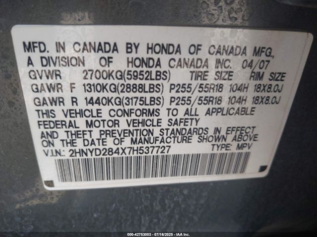 2007 ACURA MDX 2HNYD284X7H537727 Photo 8