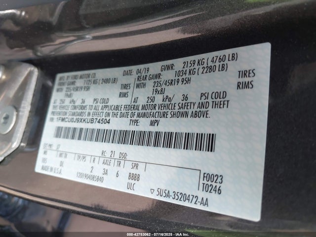 1FMCU0J9XKUB74504 Ford 2019