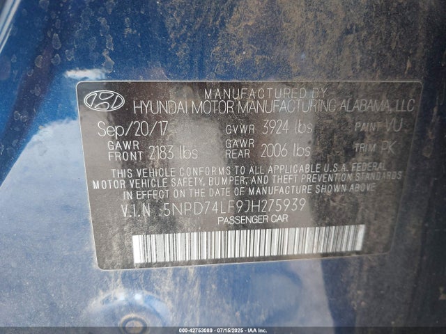 5NPD74LF9JH275939 Hyundai mpi nu