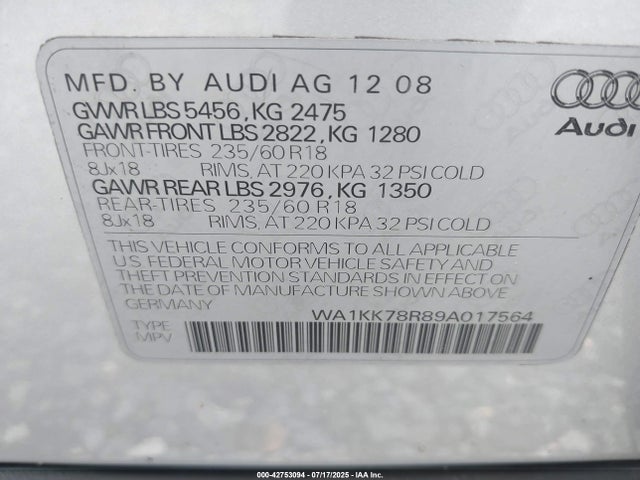 2009 AUDI Q5 WA1KK78R89A017564 Photo 8