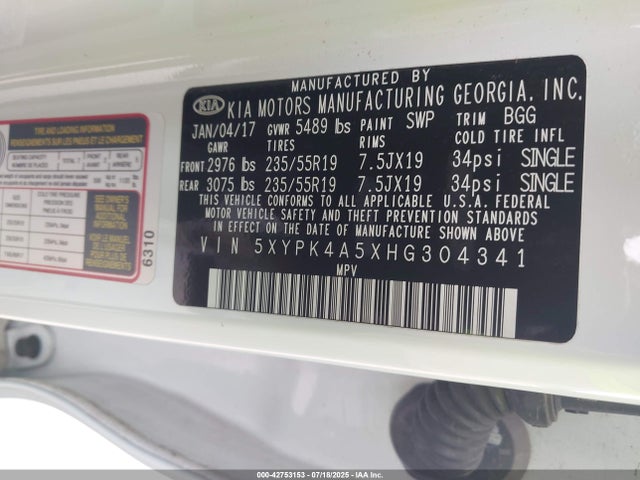 5XYPK4A5XHG304341 KIA Sorento