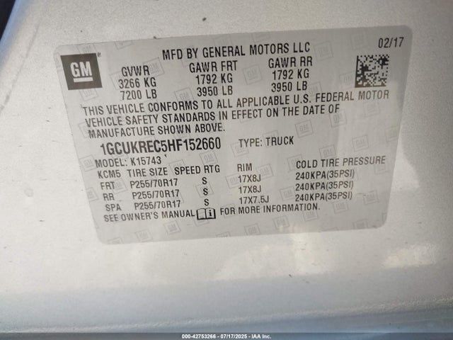 1GCUKREC5HF152660 Chevrolet l83 - sidi: spark ignited direct injection, vvt: variable valve timing, afm, e85 max, alum