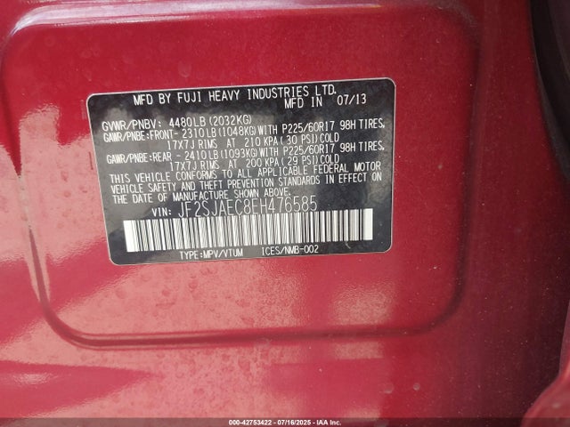 JF2SJAEC8EH476585 Subaru 2.5na u5