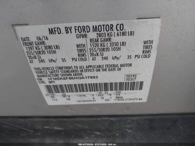 1FM5K8F86HGA17993 Ford 3.5l ti-vct