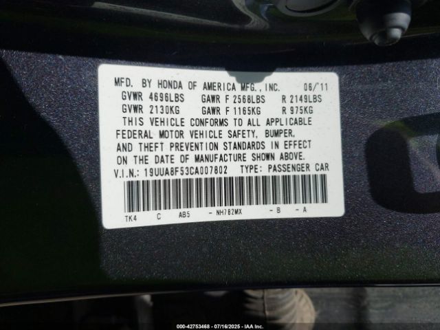 2012 ACURA TL 19UUA8F53CA007802 Photo 8