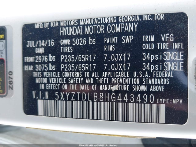 5XYZTDLB8HG443490 Hyundai gdi theta ii