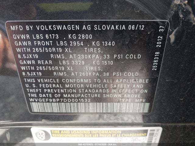 42753523 :رقم المزاد ، WVGEF9BP7DD001532 vin ، 2013 Volkswagen Touareg Vr6 Lux مزاد بيع