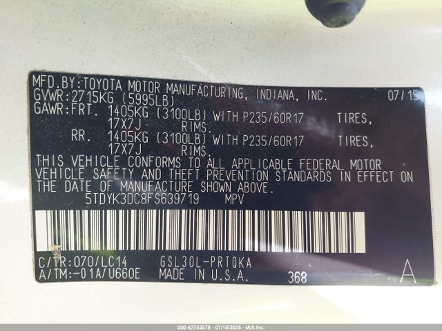 5TDYK3DC8FS639719 Toyota 2gr-fks