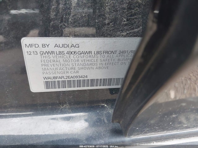 2014 Audi A4 2.0t Premium მანქანა იყიდება აუქციონზე, vin: WAUBFAFL2EA093424, აუქციონის ნომერი: 42753639