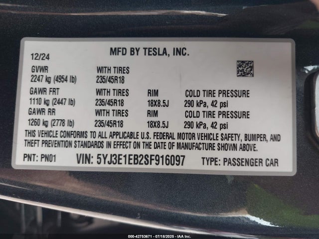 2025 TESLA MODEL 3 5YJ3E1EB2SF916097 Photo 8