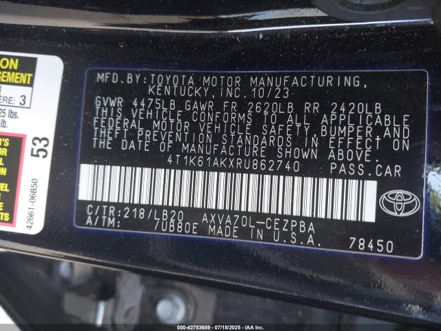 2024 Toyota Camry Xse მანქანა იყიდება აუქციონზე, vin: 4T1K61AKXRU862740, აუქციონის ნომერი: 42753689