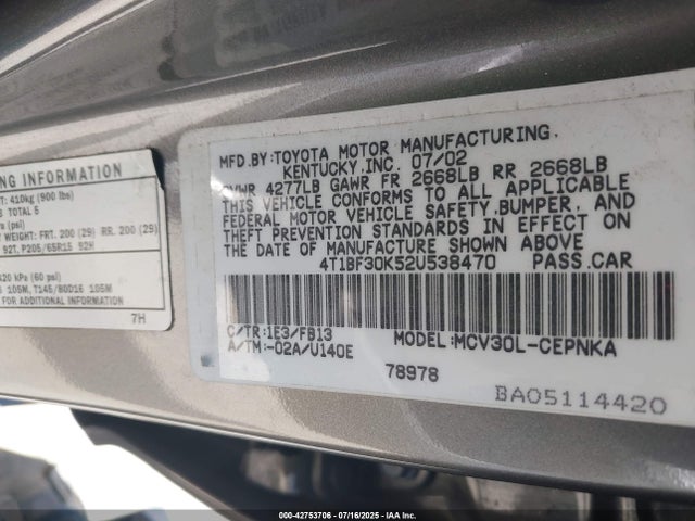 Aukcja sprzedaży 2002 Toyota Camry Le V6, vin: 4T1BF30K52U538470, numer aukcji: 42753706