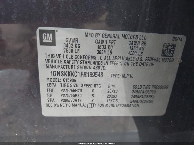 1GNSKKKC1FR189548 Chevrolet l83 - vvt, active fuel management, aluminum