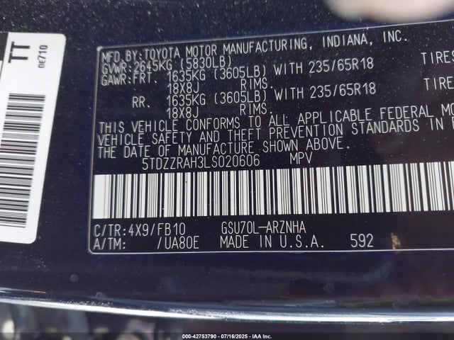 Toyota 2gr-fks 2020 5TDZZRAH3LS020606 Image 9
