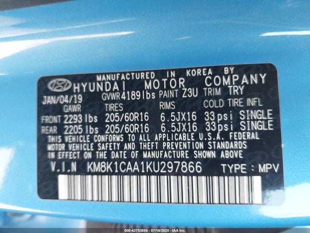 KM8K1CAA1KU297866 Hyundai mpi nu