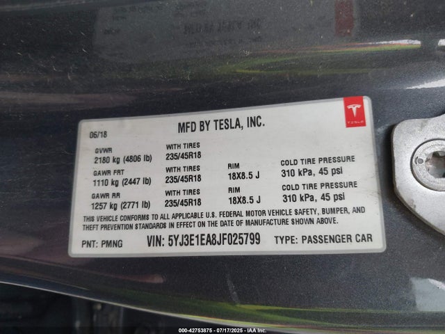 2018 TESLA MODEL 3 5YJ3E1EA8JF025799 Photo 8