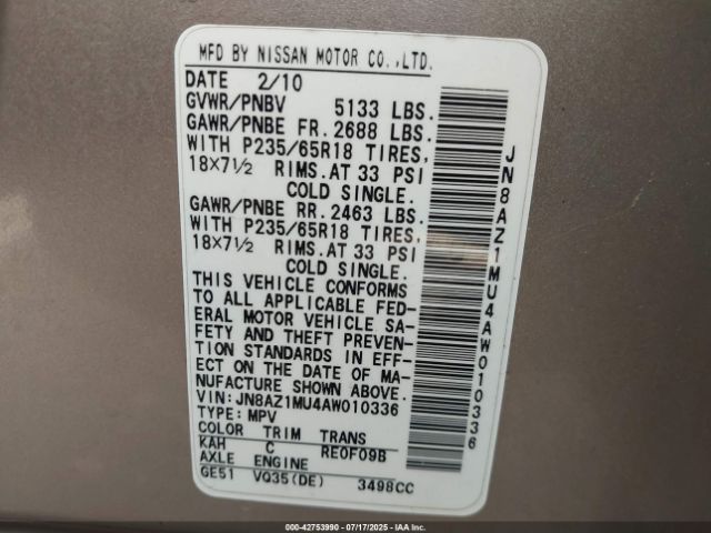 2010 NISSAN MURANO JN8AZ1MU4AW010336 Photo 8