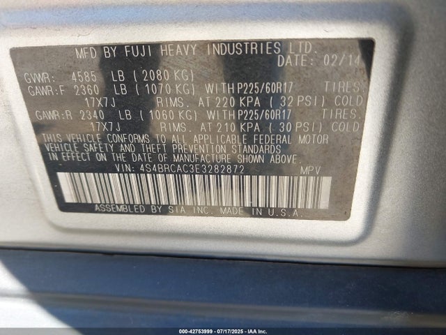 Subaru 2.5na u6 2014 4S4BRCAC3E3282872 Image 9