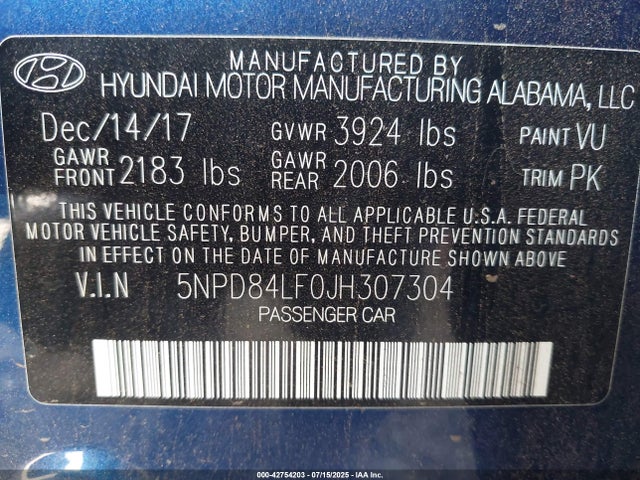 5NPD84LF0JH307304 Hyundai mpi nu