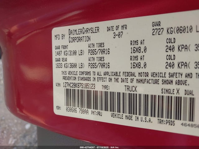 Продаж на аукціоні авто 2007 Mitsubishi Raider Ls, vin: 1Z7HC28K87S185123, номер лоту: 42754287