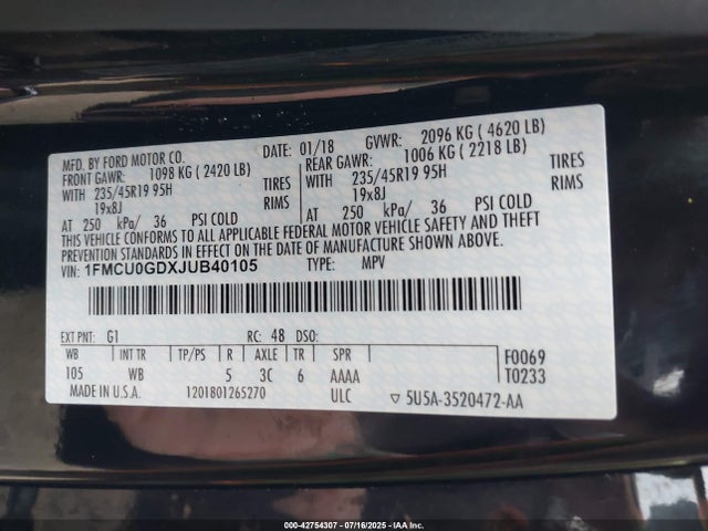 Aukcja sprzedaży 2018 Ford Escape Se, vin: 1FMCU0GDXJUB40105, numer aukcji: 42754307