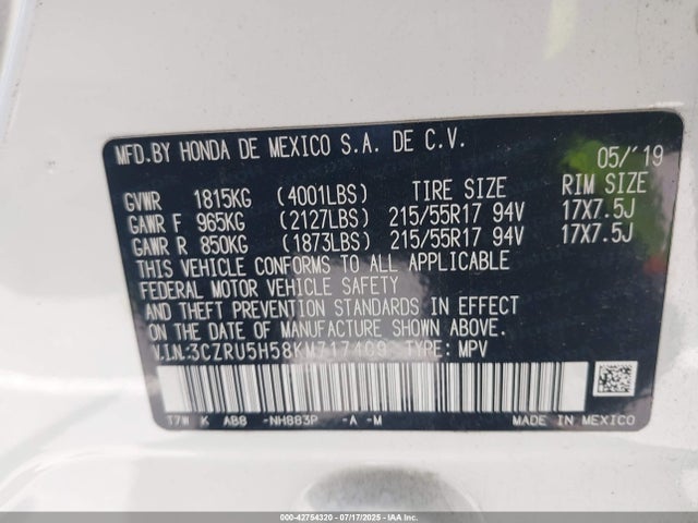 3CZRU5H58KM717409 Honda r18z9