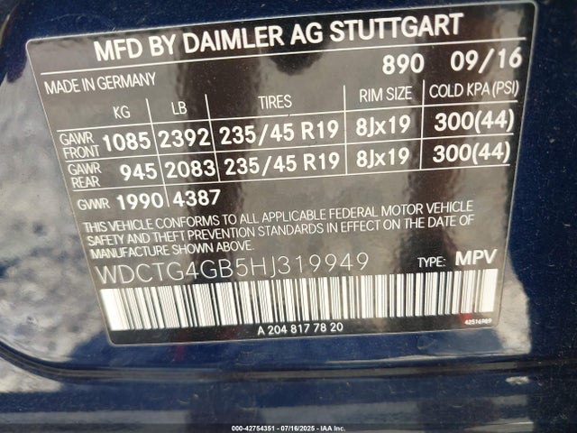 WDCTG4GB5HJ319949 Mercedes-Benz 270