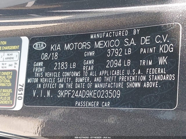 3KPF24AD9KE023509 KIA mpi nu