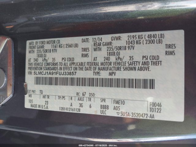 2015 LINCOLN MKC 5LMCJ1A91FUJ33857 Photo 8