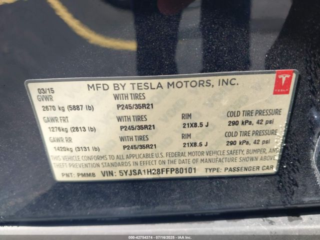 2015 TESLA MODEL S 5YJSA1H28FFP80101 Photo 8
