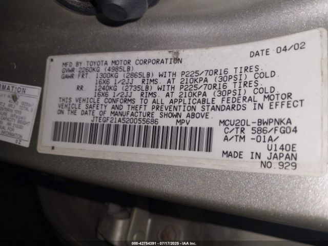 2002 TOYOTA HIGHLANDER JTEGF21A520055686 Photo 8