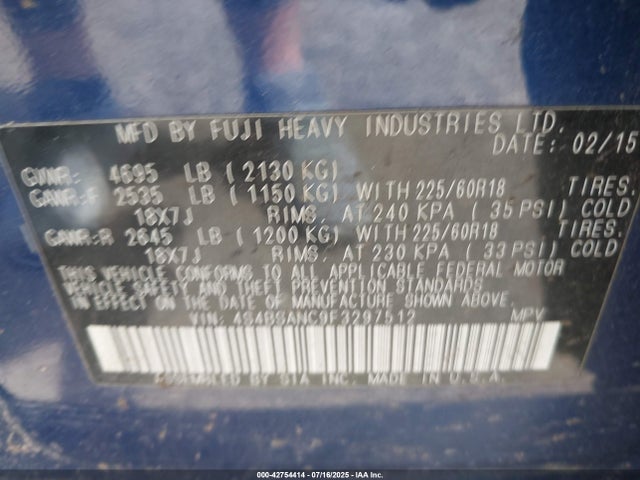 4S4BSANC9F3297512 Subaru 2.5l u5