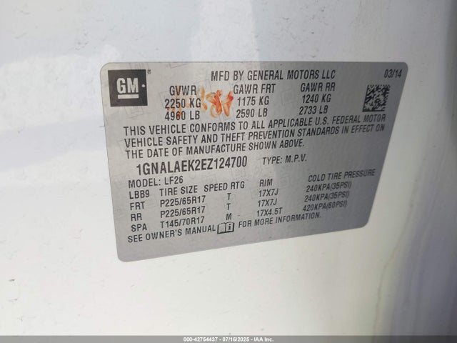 1GNALAEK2EZ124700 Chevrolet lea - flex fuel (gas/alc), aluminum, high output