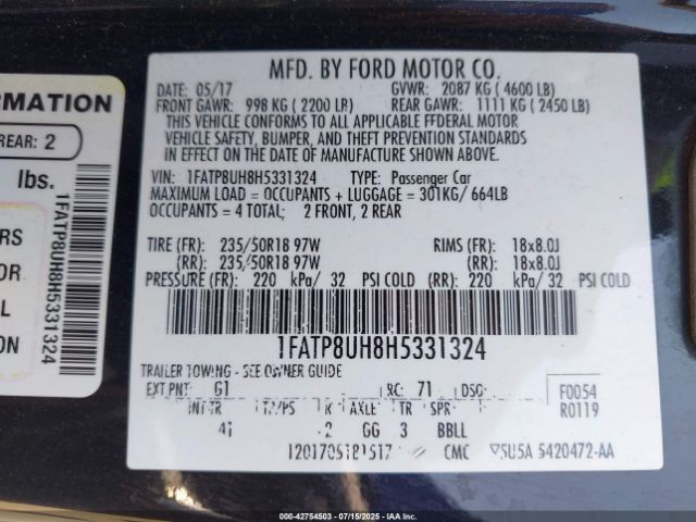 2017 FORD MUSTANG 1FATP8UH8H5331324 Photo 8