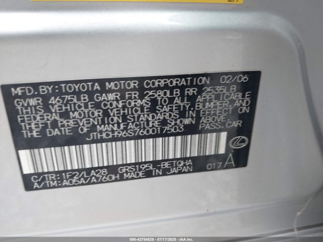 2006 LEXUS GS 300 JTHCH96S760017503 Photo 8
