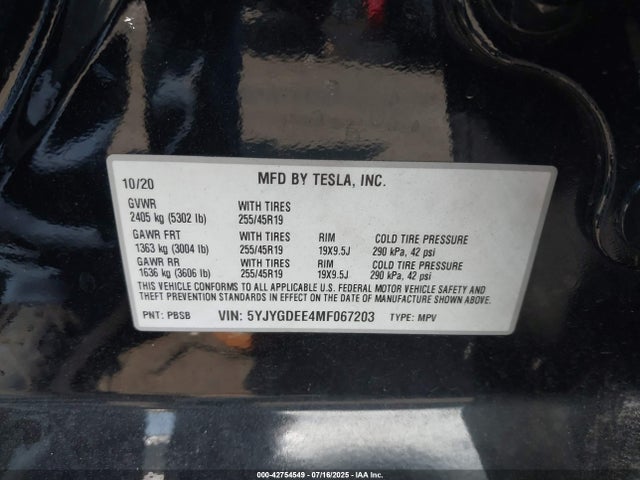 2021 TESLA MODEL Y 5YJYGDEE4MF067203 Photo 8