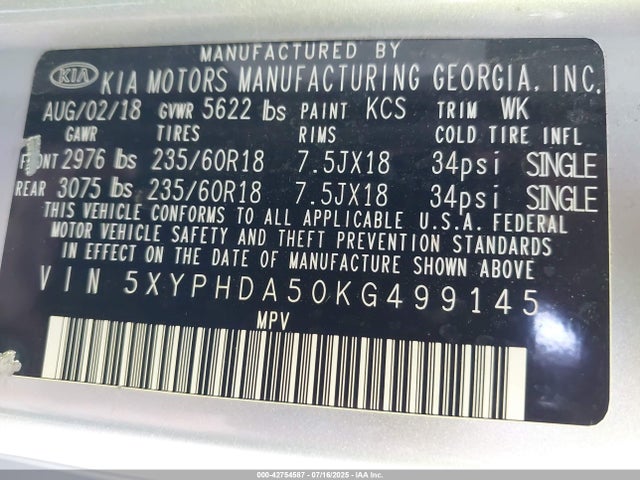 5XYPHDA50KG499145 KIA gdi lambda-ii