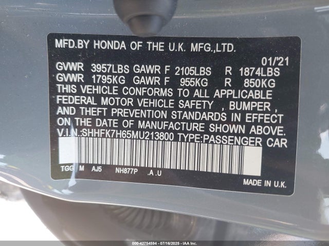 SHHFK7H65MU213800 Honda l15ba