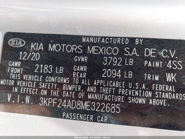 3KPF24AD8ME322685 KIA mpi nu