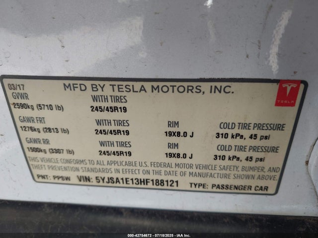 2017 TESLA MODEL S 5YJSA1E13HF188121 Photo 8