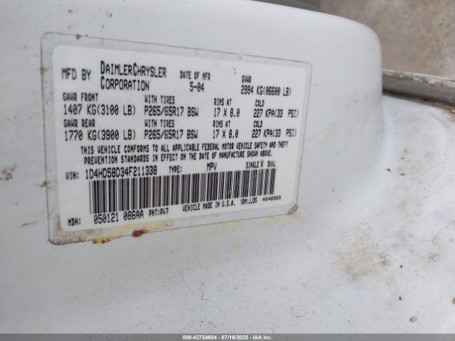 2004 DODGE DURANGO 1D4HD58D34F211338 Photo 8